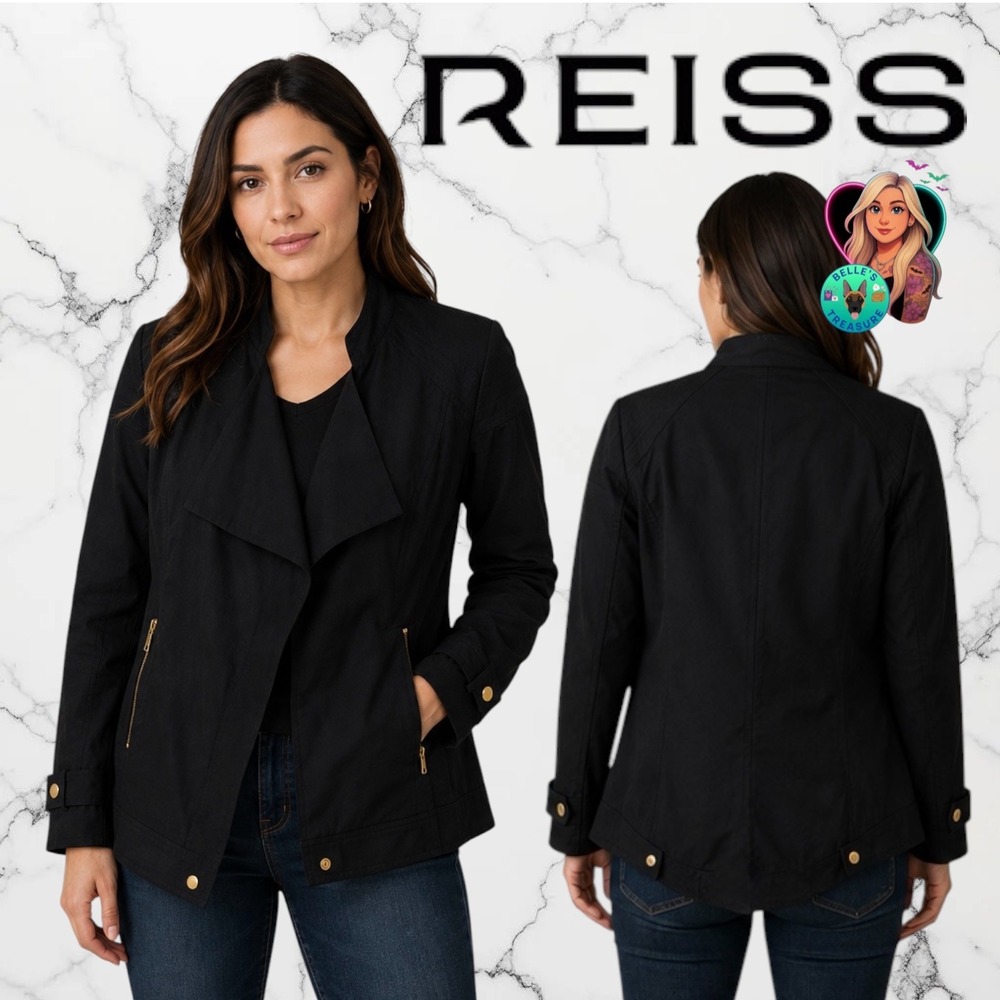 Reiss Moto Jacket Draped Front Gold Roll Tab Sleeve Wool Blend Women's Small
